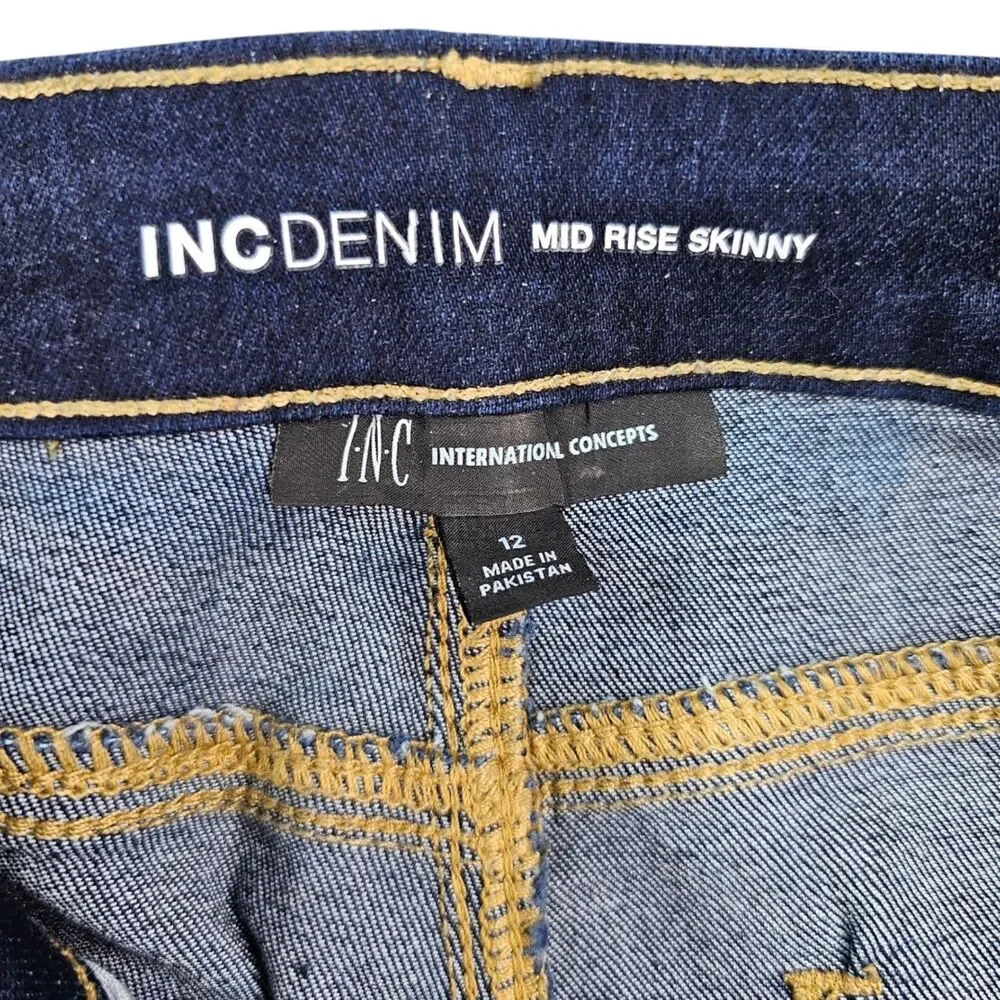 INC International Concepts INC Denim Mid Rise Skinny Jeans Dark Wash 12 32x29.5